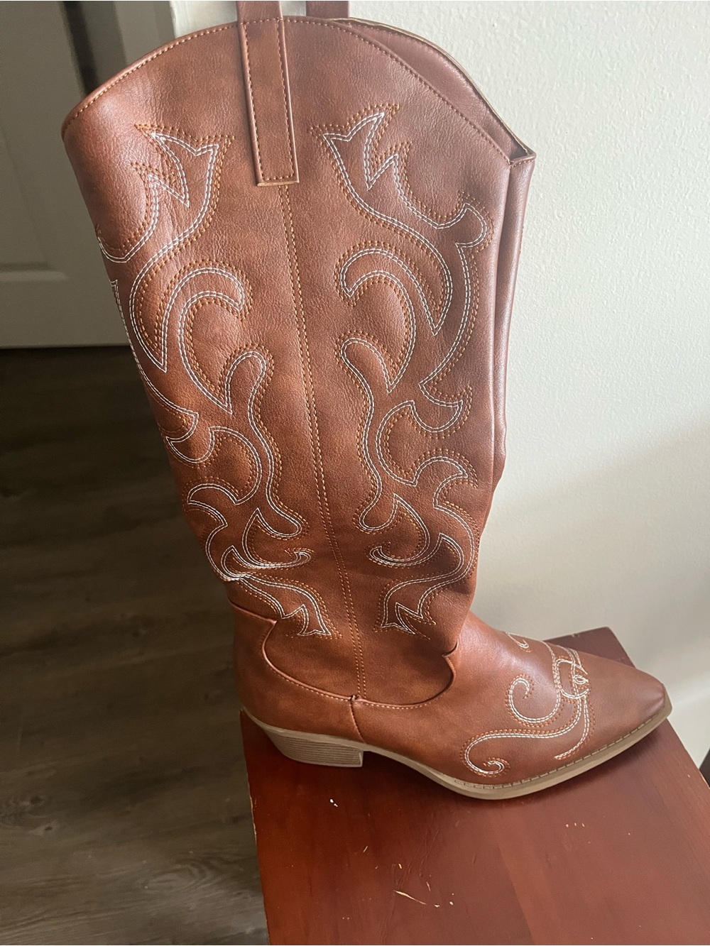 SHEIN Brown Embroidered Western Heeled Boots
